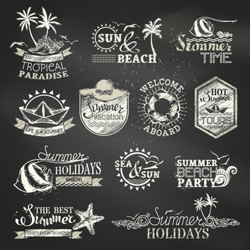 Chalk summer and vacation labels and emblems.