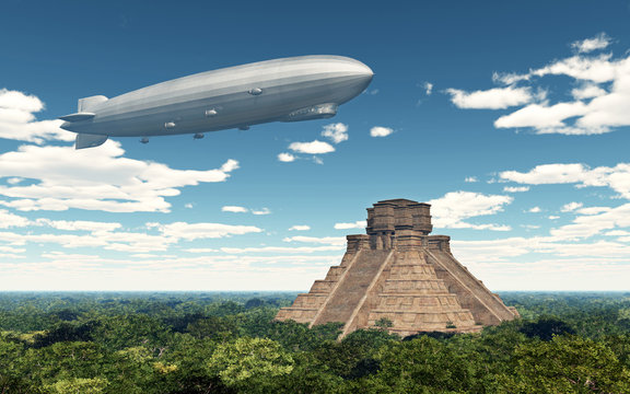 Zeppelin über Maya Tempel