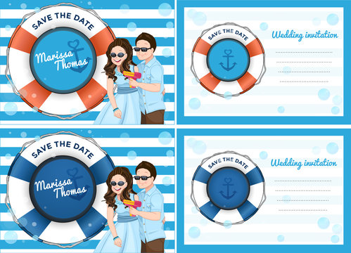 Wedding invitation card with couple cartoon playing soap bubble gun in blue sea theme
