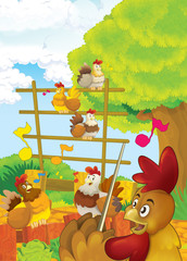 Cartoon happy farm scene - crowd of happy hens and rooster as conductor - illustration for children