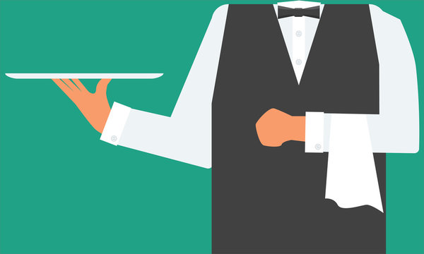 Waiter holding a tray and towel on his hand