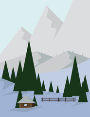 Abstract landscape design with green trees and silver mountains, a house in the forest and snow, flat style. Digital vector image.