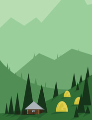 Fototapeta premium Abstract landscape design with green trees and hills, brown house in the mountains and yellow hay, flat style. Digital vector image.