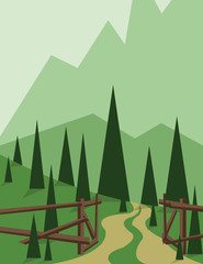 Abstract landscape design with green trees and hills, a road and wooden fence, flat style. Digital vector image.