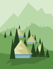 Abstract landscape design with green trees and hills, yellow houses in the mountains, flat style. Digital vector image.