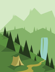 Abstract landscape design with green trees and a tent, a flowing river, view to mountains, flat style. Digital vector image.