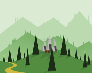 Abstract landscape design with green trees, hills and fog, a cart near silver mounds, flat style. Digital vector image.