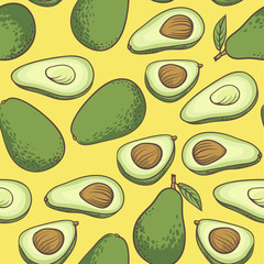 Avocado, half of avocado, avocado seed. Hand drawn painting food background. Vector seamless pattern.