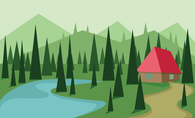 Abstract landscape design with green trees, hills and fog, big red house near a lake, flat style. Digital vector image.