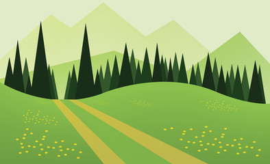 Obraz premium Abstract landscape design with green trees, hills and fog, a road and yellow flowers on fields, flat style. Digital vector image.