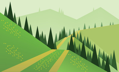 Obraz premium Abstrakta krajobrazu projekt z zielonymi drzewami, wzgórzami i mgłą, drogą i żółtymi kwiatami na polach, mieszkanie styl. Cyfrowy obraz wektorowy.