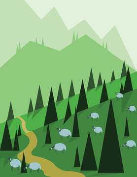 Abstract landscape design with green trees, hills and fog, sheeps on fields, flat style. Digital vector image.