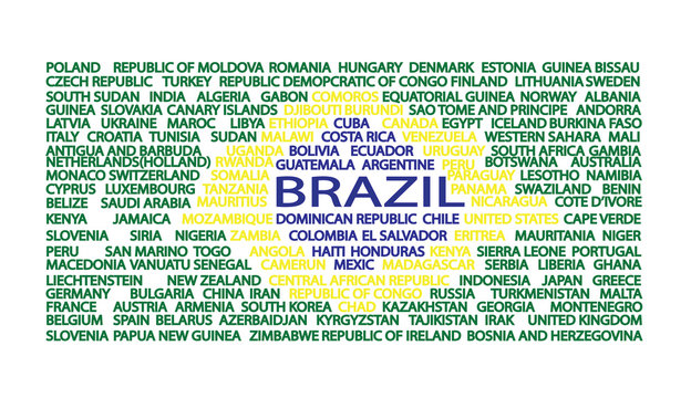 List of country names in the order of flag of Brazil. Digital vector image