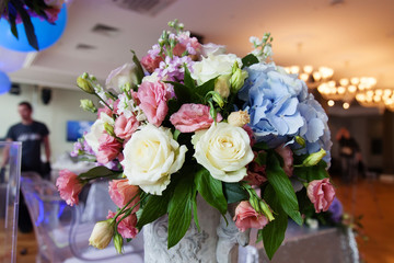 Wedding flower composition. Wedding interior.