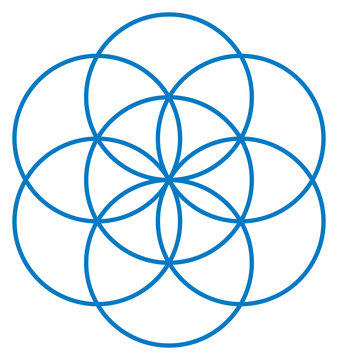 Blue Seed of Life. Unique geometrical figure, composed of seven overlapping circles of same size, forming the symmetrical structure of an hexagon. Flower of Life prestage. Illustration
