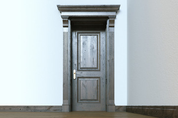 Classic elegant wooden door in empty modern room interior. 