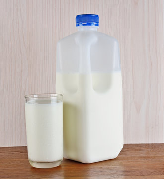Milk in glass milk bottles on the wooden floor