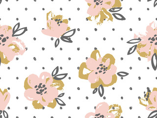 Seamless pattern with pink and gold flowers on the polka dot background.Vector  Floral background.