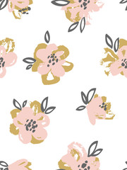 Seamless pattern with pink and gold flowers. Vector  Floral background.