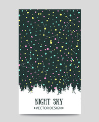 Background with night sky, stars and forest. Vector hand drawn illustration.
