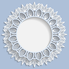 3D round frame, vignette with 3D flower frame, vignette with ornaments, lace frame, bas-relief frame,  festive pattern, white pattern, template greetings, vector