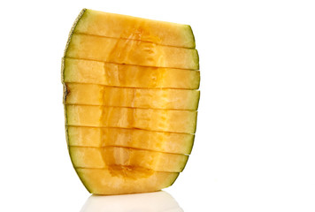 Hamigua Melon cut into slices, Hami Melon, Hami Cantaloupe isolated on white background. stack imag