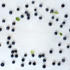  picture frame berry/ flat layout of the forest blueberries scattered on the edges against a background of pale wood top view 