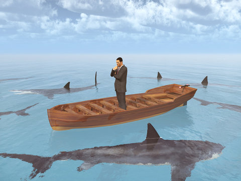 Geschäftsmann im Boot umgeben von Haifischen