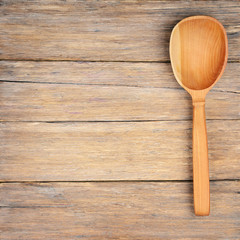 View from top of wooden spoon on wooden table