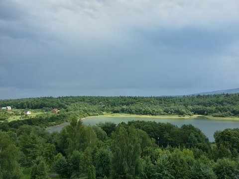 Beautiful mountain lake rain landscape in Truskavets, Ukraine