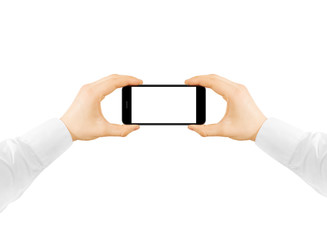 Man hold phone blank screen mockup in two hands, taking photo. Clear display smartphone mockup taking self shot, selfie photography.