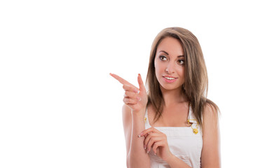 Beautiful sexy fashion model brunette girl portrait isolated on a white background. Beautiful young woman posing in the studio. Space for text.