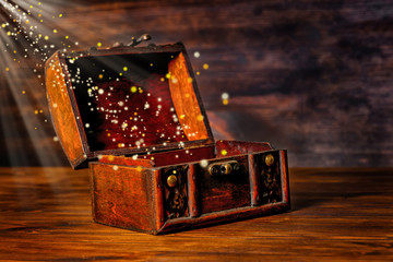 beautiful greeting card of opened vintage chest treasure with mi
