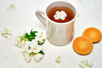 Tea cup with fragrant Jasmine flowers and biscuits on background