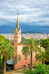 Tourists at Gaudi House Museum in Park Guell in Barcelona