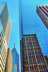 Fototapeta na wymiar Bottom up view to skyscrapers reflected in glass in Philadelphia