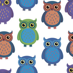 Seamless pattern with owls in cartoon style
