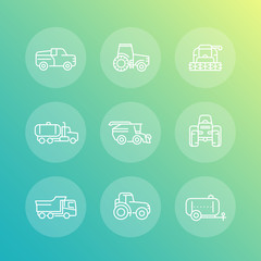 Agricultural machinery line icons set, combine harvester, tractor, agricultural vehicles, truck, pickup