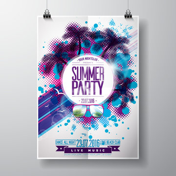Vector Summer Beach Party Flyer Design with typographic  elements on abstract background. Palm trees and sunglasses.