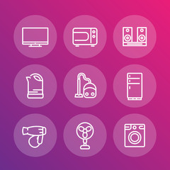 Appliances line icons, household consumer electronics, microwave oven, vacuum cleaner, kettle, acoustics, tv, fan, fridge, hairdryer, washing machine