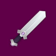 Cartoon sword for game with violet gem, vector illustration