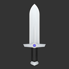 Cartoon sword with blue gem on dark, vector illustration