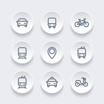 City and public transport icons, transportation vector signs, route, bus, subway, taxi, bike, train, railroad