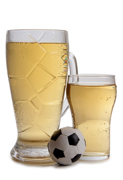 Glass beer mug and a ball on a white background