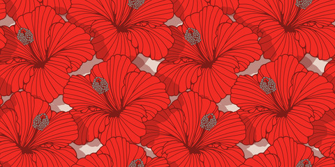 Fototapeta na wymiar tangled hibiscus flowers seamless pattern in red shades and gray