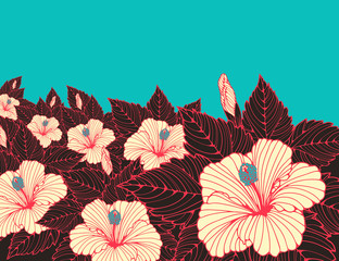 a poster background with a field of hibiscus flowers in blue, red and ivory