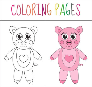 Coloring book page. Pig. Sketch and color version. Coloring for kids. Vector illustration