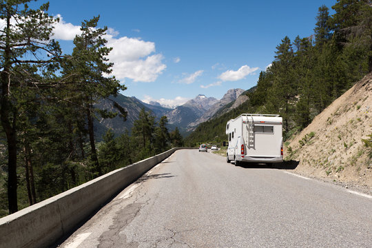 Auto-camper on the road in the French Alps 

