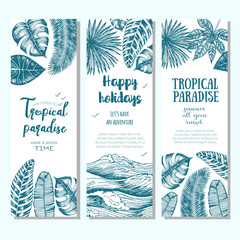 Tropical palm leaves bright banners. Vertical paradise set. Vector illustration drawn in ink.