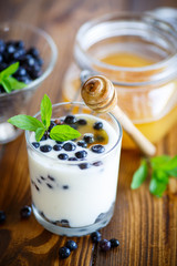 Obraz na płótnie Canvas sweet homemade yogurt with blueberries and honey